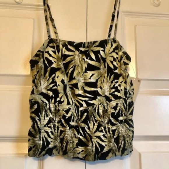 NWT VOLCOM Coco Ho Smocked Crop Cami Sleeveless Top Black Palm Leaves S - Picture 3 of 7
